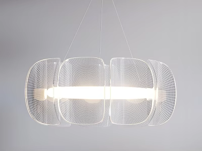Modern Sleek Chandelier With Transparent Grid Patterned Curved Panels Long Strip Light And Light Gray Background 3d model