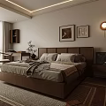 Modern Bedroom Interior With Wooden Wardrobe Desk Rug Wall Art And Ceiling Lights