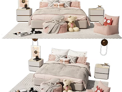 Cozy Pink And Grey Double Bed Interior With Soft Pillows Teddy Bear And Side Tables 3d model