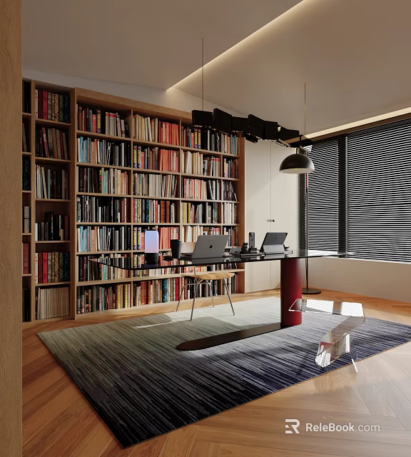 Modern Study Room Interior With Floor to Ceiling Bookshelf Wooden Desk And Pendant Lamp 3d model 