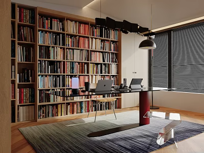 Modern Study Room Interior With Floor to Ceiling Bookshelf Wooden Desk And Pendant Lamp 3d model