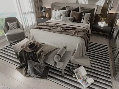 Modern Double Bed with Neutral Pillows Nightstand Lamp Striped Rug and Bench 3d model