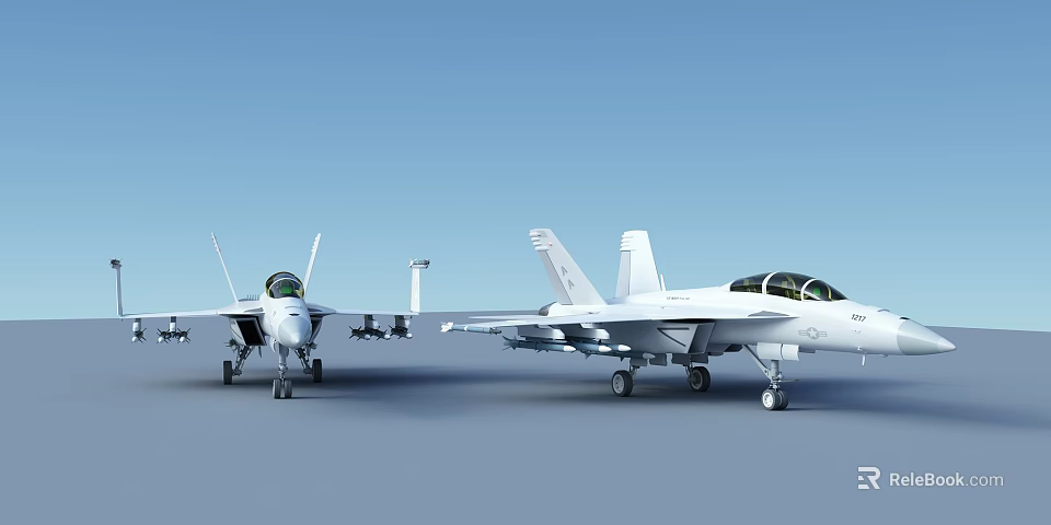 Two White Fighter Jets Parked On The Ground With Blue Sky Background 3d model 