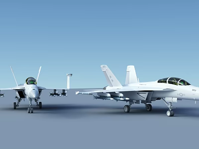Two White Fighter Jets Parked On The Ground With Blue Sky Background 3d model