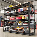 Organized Garage With Metal Shelves Storage Boxes Tools And Oil Cans