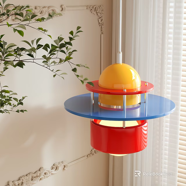 Colorful Layered Chandelier With Yellow Red Blue Shades And Green Plant Near Window Blinds 3d model 