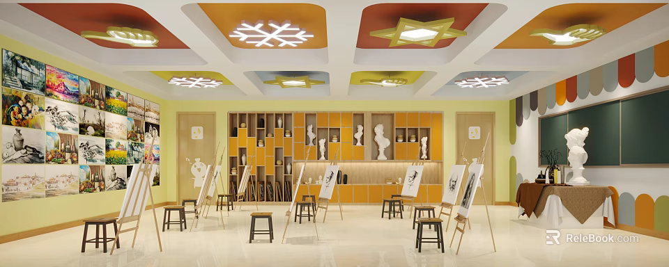 School Art Classroom With Easels Stools Colorful Ceiling Snowflake Star Patterns Sculptures Cabinets 3d model