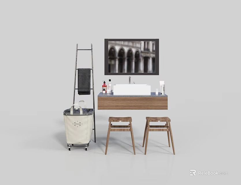 Modern Washbasin Vanity With Wooden Countertop Two Stools Towel Ladder And Wall 3d model 