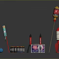 Various Fireworks Equipment Including Rocket Shaped Devices Cylindrical Firecrackers Square Box And Colorful Decorations