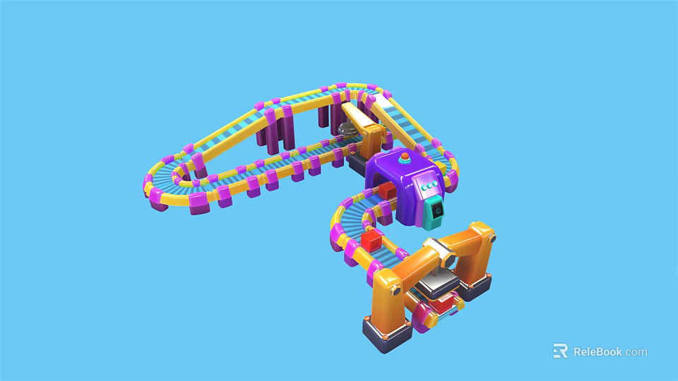 Colorful Industrial Conveyor System With Purple Machinery And Orange Mechanical Tracks 3d model 