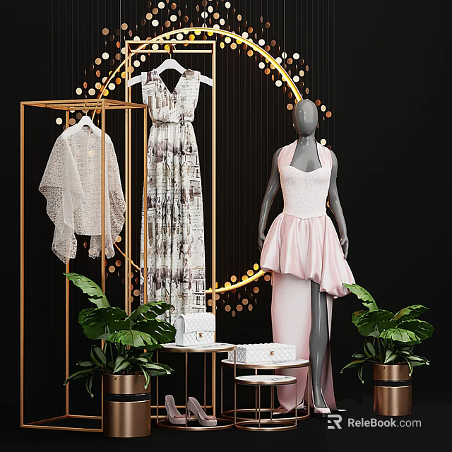 Mannequin Wearing Pink Asymmetrical Dress With Golden Display Rack Green Plants And Decorative Lights 3d model 