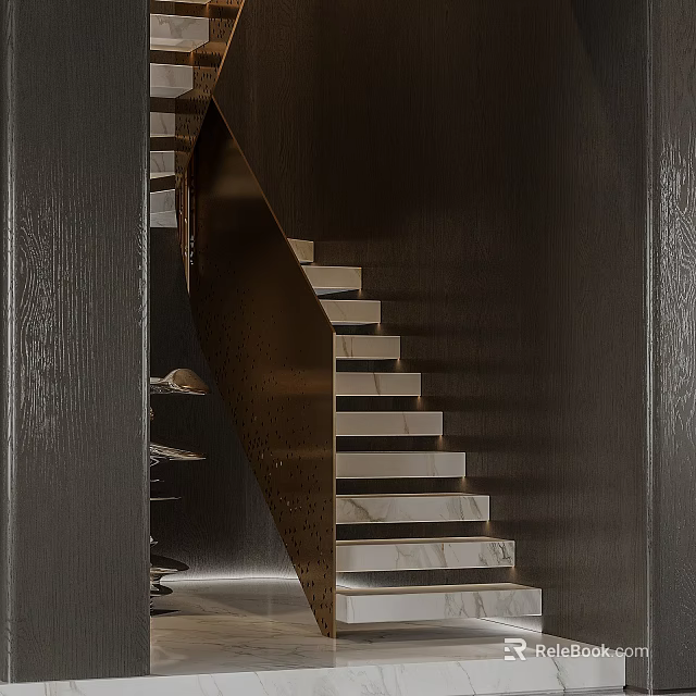 Elegant Modern Staircase Design With Marble Steps Metal Frame And Dark Textured Wall 3d model 