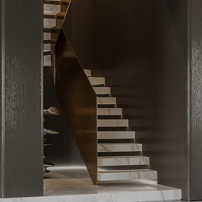 Elegant Modern Staircase Design With Marble Steps Metal Frame And Dark Textured Wall 3d model