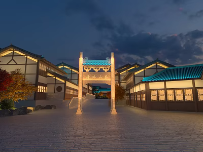 Ancient Chinese Architecture Courtyard With Illuminated Archway Red Leaf Trees And Stone Pavement 3d model