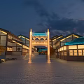 Ancient Chinese Architecture Courtyard With Illuminated Archway Red Leaf Trees And Stone Pavement