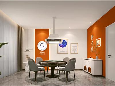 Hotel Mahjong Room with Orange Walls Round Table Gray Chairs Hanging Lamp and Modern Decor 3d model