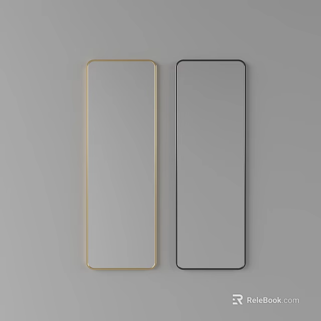 Two Long Rectangular Mirrors with Gold and Black Frames on Gray Background 3d model