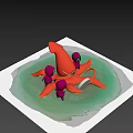 Orange Octopus Game Movie Character Interacting With Purple Figures On Green Platform