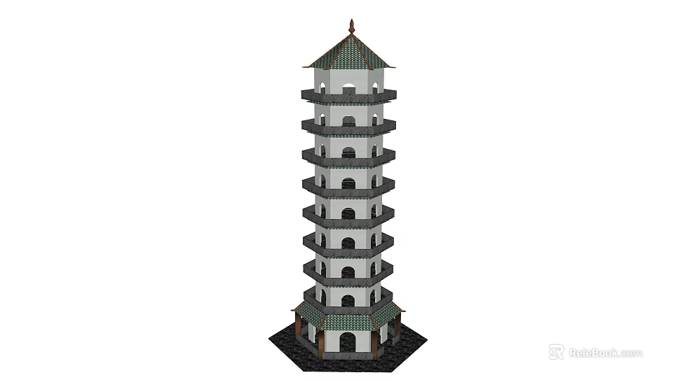 Traditional Ancient Chinese Pagoda With Multi Storey Green Roof And White Body 3d model 