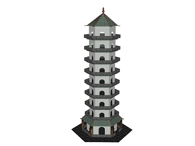 Traditional Ancient Chinese Pagoda With Multi Storey Green Roof And White Body 3d model