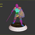Knight in Silver Armor Holding Sword and Blue Shield with Yellow Eagle on White Base 3d model