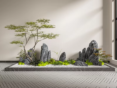 Indoor Zen Garden Ornament With Rock Formations Small Tree And Green Plants 3d model