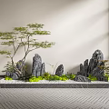 Indoor Zen Garden Ornament With Rock Formations Small Tree And Green Plants