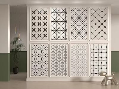 White Panel Decorative Wall with Black Geometric Patterns and Green Indoor Accents 3d model