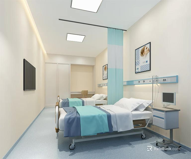 Modern Hospital Ward Room With Two Beds Medical Equipment TV And Decorative Paintings 3d model 