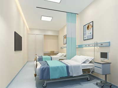 Modern Hospital Ward Room With Two Beds Medical Equipment TV And Decorative Paintings 3d model