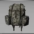 Military Style Camouflage Backpack With Multiple Pockets And Brown Straps For Outdoor Activities