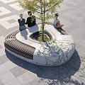 Curved Outdoor Chair Featuring Wooden Slats Concrete Base And Small Tree In Center