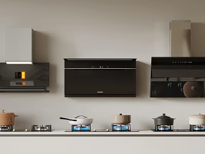 Sleek Modern Kitchen Appliances With Wall Mounted Range Hoods Stovetops And Pans 3d model