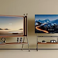 Modern Smart Televisions With Scenery And Mountain Views On Metal Stands Displaying Time Temperature
