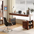 Wooden Desk In Home Office With Table Lamp Clock Stationery And Potted Plant