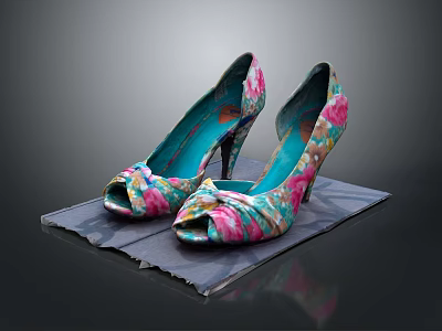 Colorful Floral Pattern High Heels with Peep Toe Design and Bow Detail on Fabric Mat 3d model
