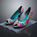 Colorful Floral Pattern High Heels with Peep Toe Design and Bow Detail on Fabric Mat