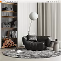 Modern Black Leather Sectional Sofa With Floor Lamp Side Table And Bookshelf