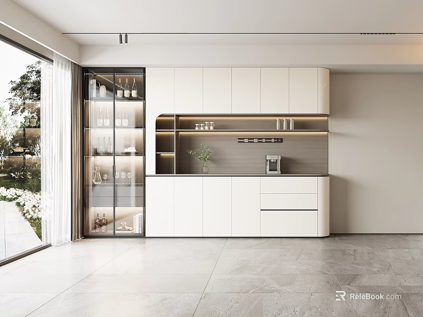 Modern White Sideboard With Glass Door Cabinets Open Shelves And Sleek Countertop 3d model 