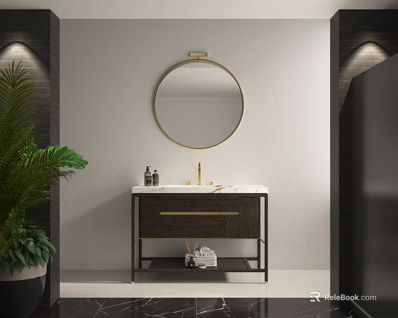 Modern Bathroom Vanity Cabinet With Round Gold Frame Mirror And White Marble Countertop 3d model 