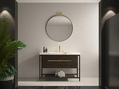 Modern Bathroom Vanity Cabinet With Round Gold Frame Mirror And White Marble Countertop 3d model