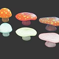 Orange Spotted Mushrooms And White Mushrooms Displayed On Dark Background With Reflections