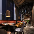 Ya Hui Restaurant Modern Industrial Interior With Hanging Pendant Lights Wooden Staircase And Display Shelves