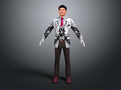 Man Standing In Gray Background With Patterned Jacket Red Tie Brown Pants And Red Shoes 3d model