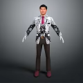 Man Standing In Gray Background With Patterned Jacket Red Tie Brown Pants And Red Shoes 3d model
