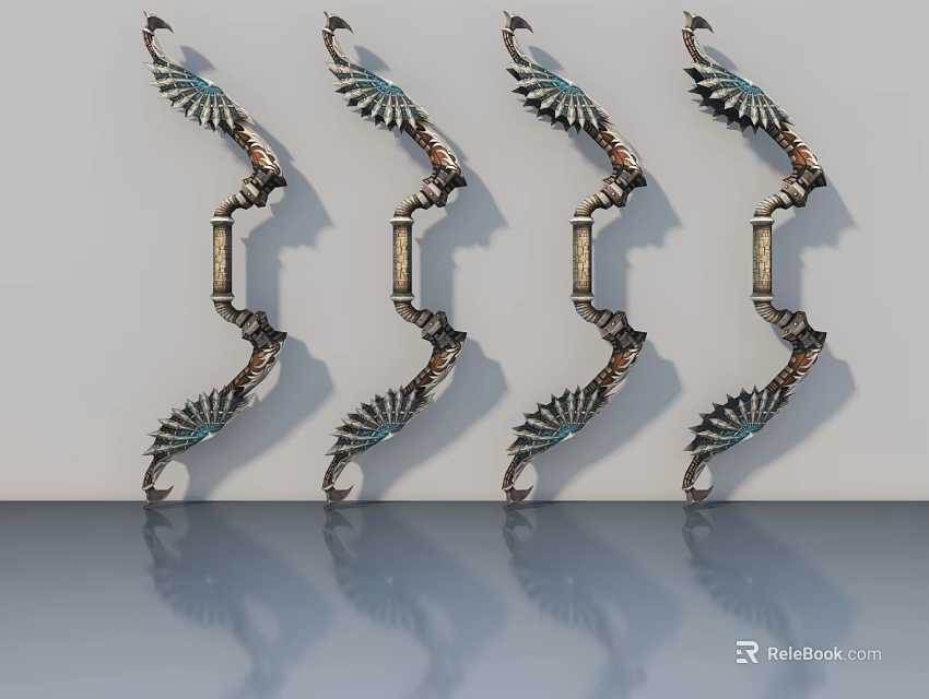 Set of Four Ornate Bronze Metal Wall Decor With Feather Accents And Curved Design 3d model 