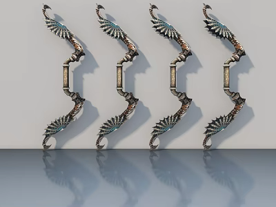 Set of Four Ornate Bronze Metal Wall Decor With Feather Accents And Curved Design 3d model