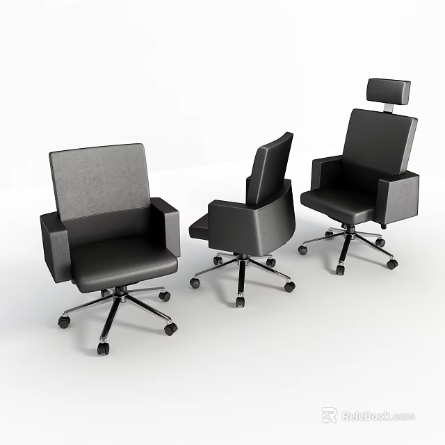 Modern Black Office Chairs With Wheels And Different Styles In White Background 3d model