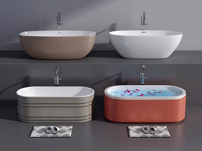 Various Freestanding Bathtubs in Brown White Gray Red with Flower Petals and Bath Mats 3d model