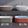 Various Freestanding Bathtubs in Brown White Gray Red with Flower Petals and Bath Mats